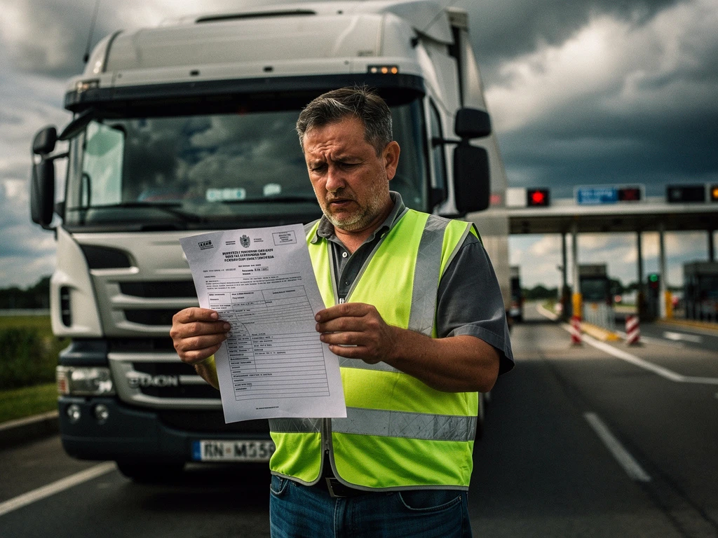 Vrachtwagenchauffeur houdt boetebeschikking vast bij tolcontrolepost, dramatische bewolking op achtergrond