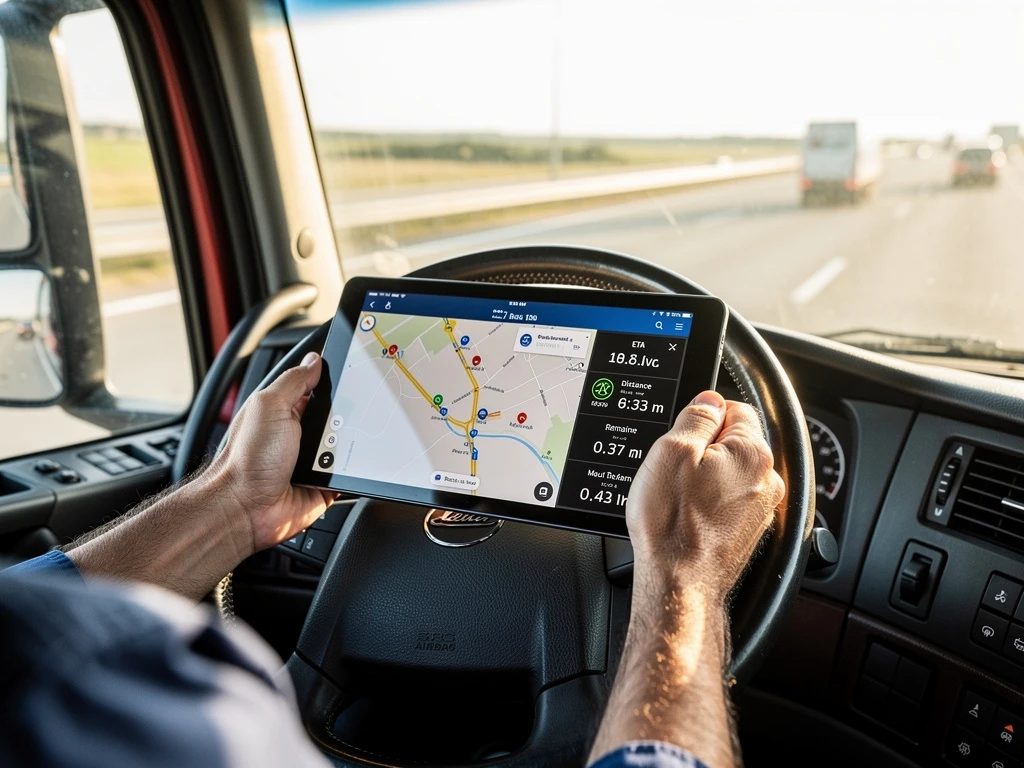 Vrachtwagenchauffeur houdt tablet vast met digitaal dashboard en routetracking in cabine van vrachtwagen