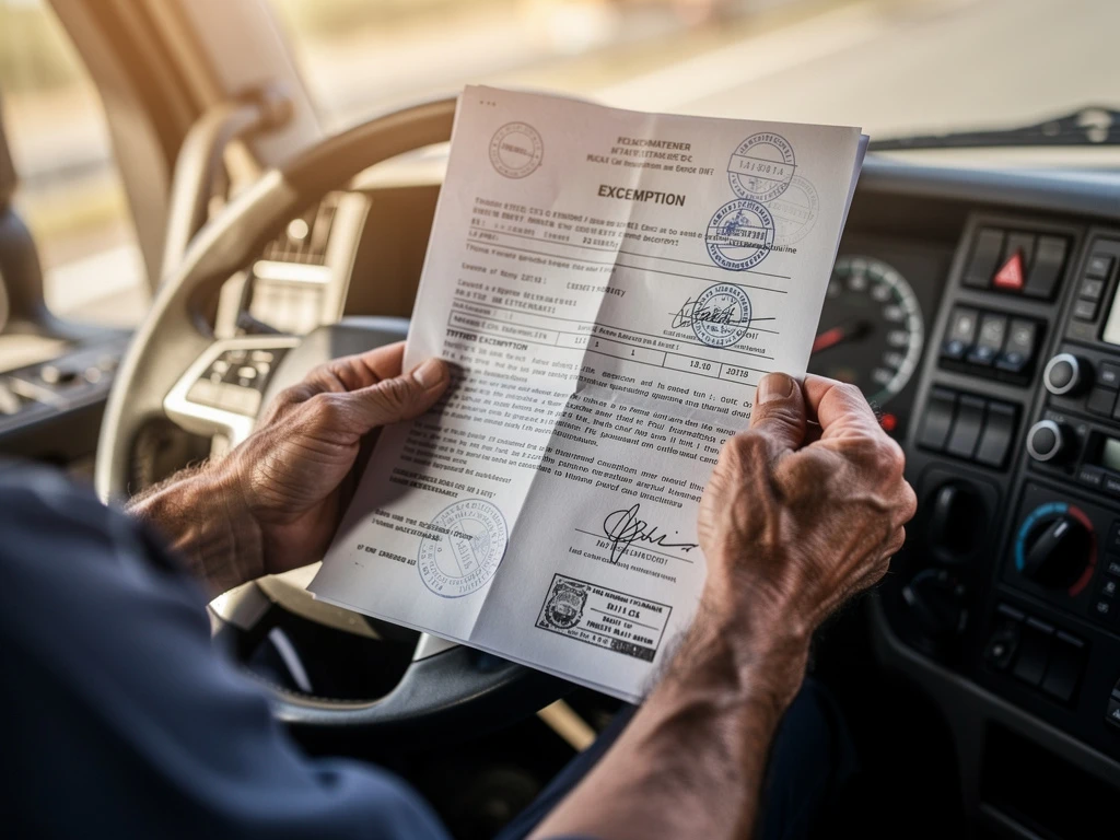 Vrachtwagenchauffeur houdt officiële vrijstellingsdocumenten vast in cabine van commerciële truck
