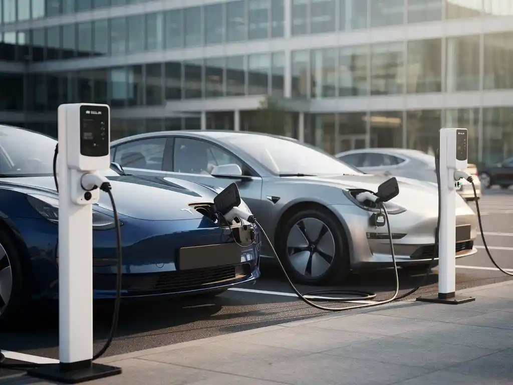 Elektrische bedrijfsauto en plug-in hybride voertuig opladen bij laadstation voor modern kantoorgebouw