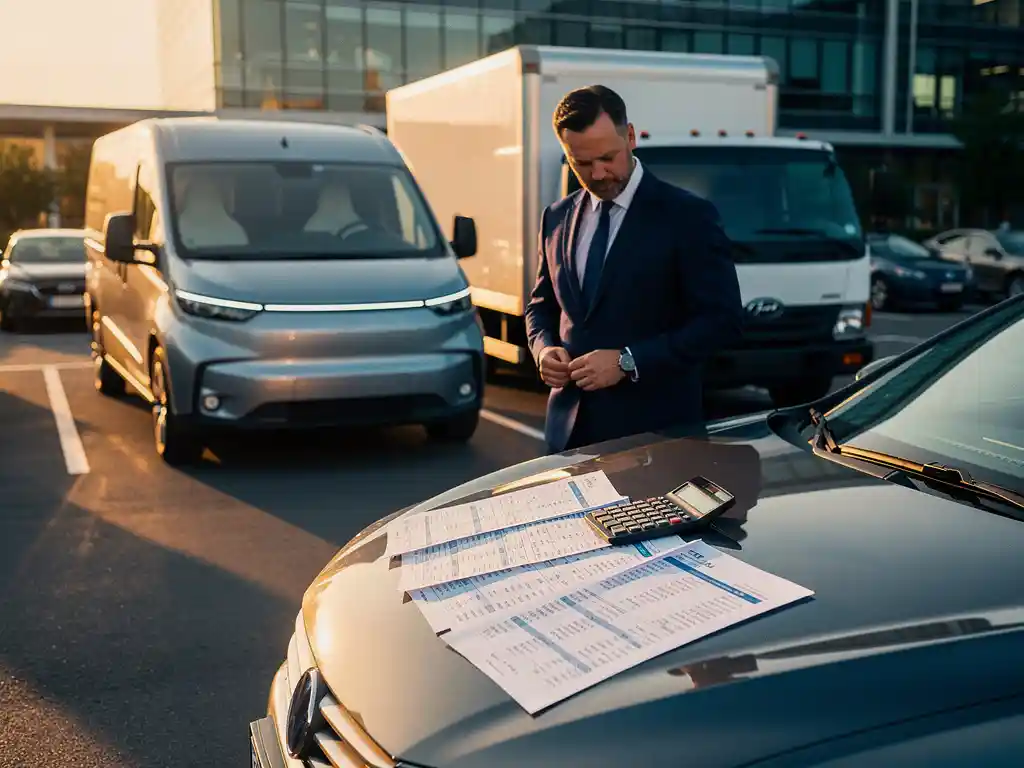 Elektrische bestelwagen en diesel vrachtwagen geparkeerd naast elkaar terwijl zakenman kostenberekeningen bestudeert in bedrijfsparkeerplaats