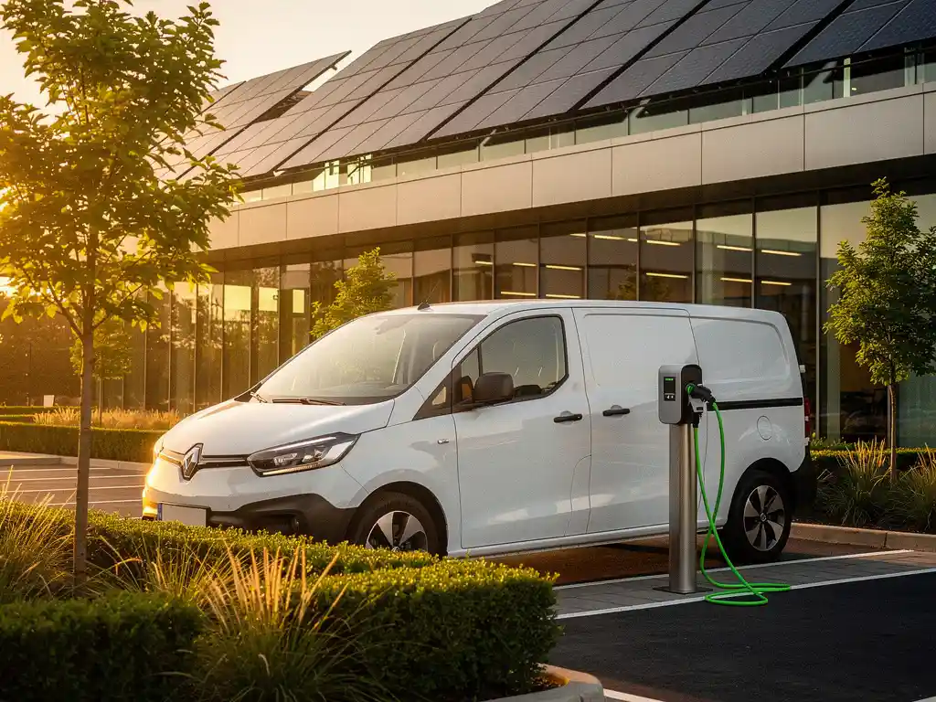 Witte elektrische bestelwagen laadt bij moderne glazen kantoorgebouw met zonnepanelen en groene landschapsarchitectuur