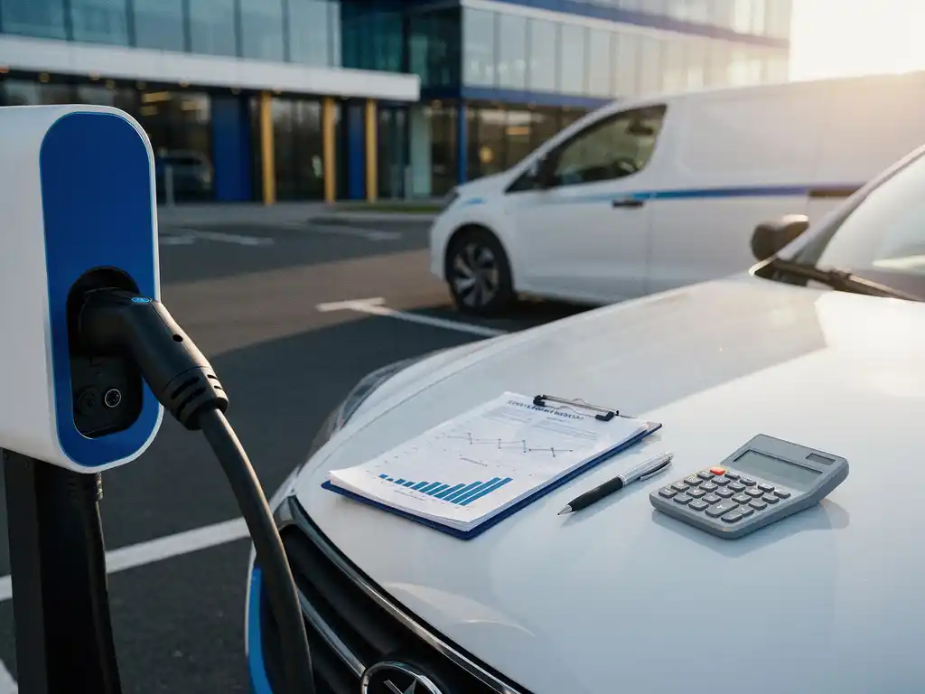 Elektrische bestelwagen aangesloten op laadstation met kostenanalyse klembord op motorkap in bedrijfsparkeerplaats