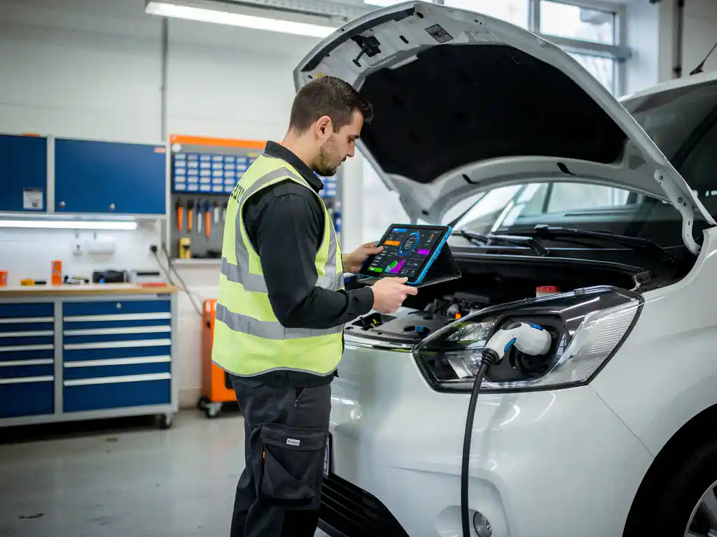 Servicetechnicus in reflecterend vest onderzoekt open motorkap van witte elektrische bestelwagen met diagnostische tablet in moderne garage