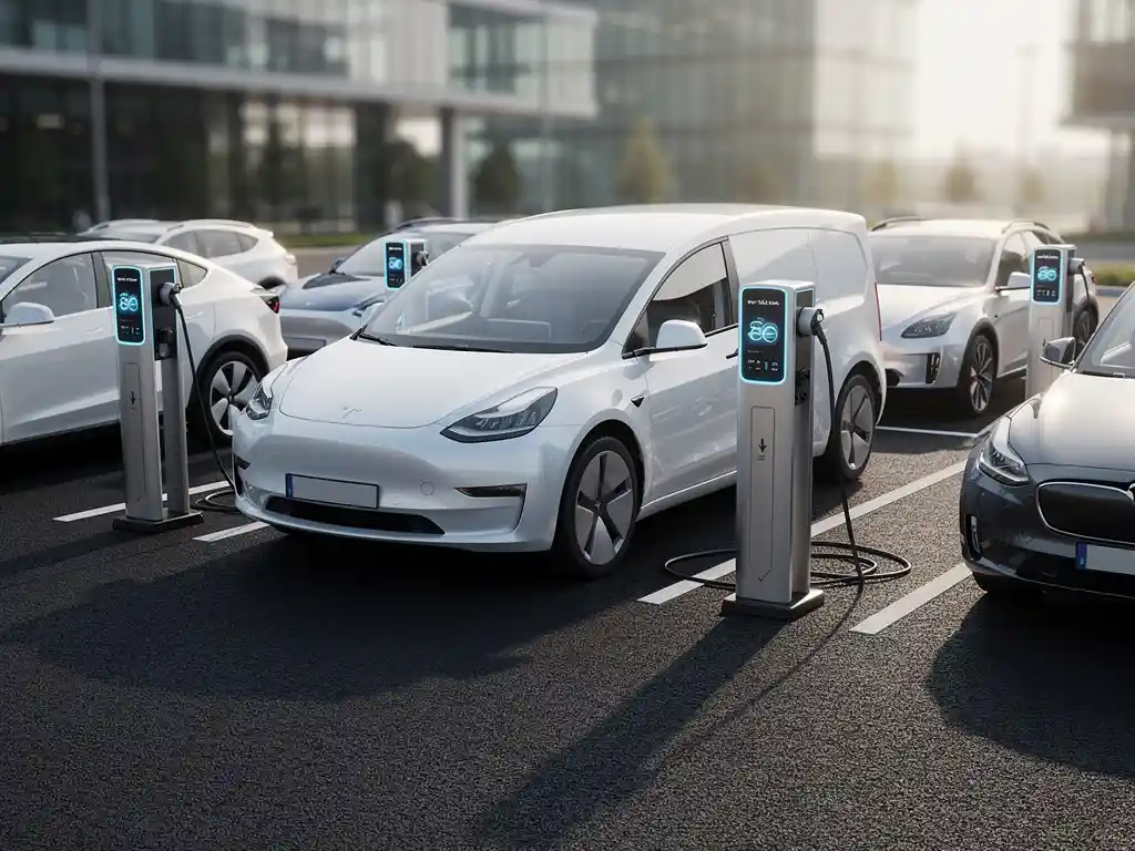 Witte elektrische bestelwagen in bedrijfsparkeerplaats omringd door andere elektrische voertuigen bij laadstations