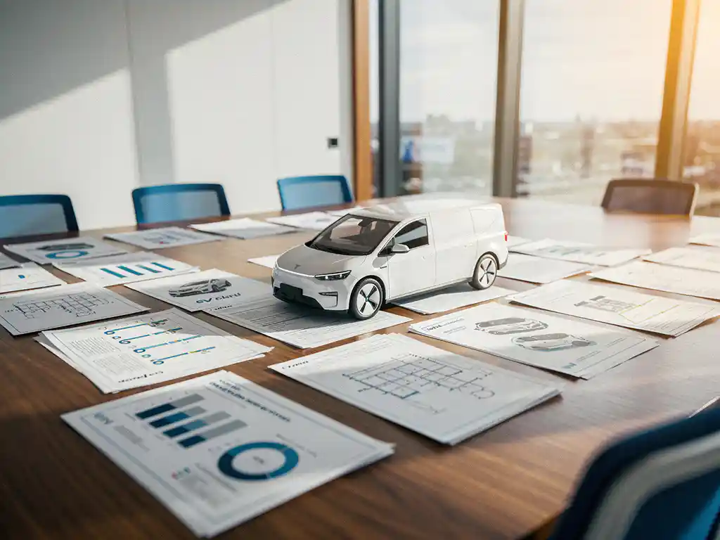 Elektrische bestelwagen model op conferentietafel met laadstation blauwdrukken en vlootplanning documenten in moderne kantooromgeving