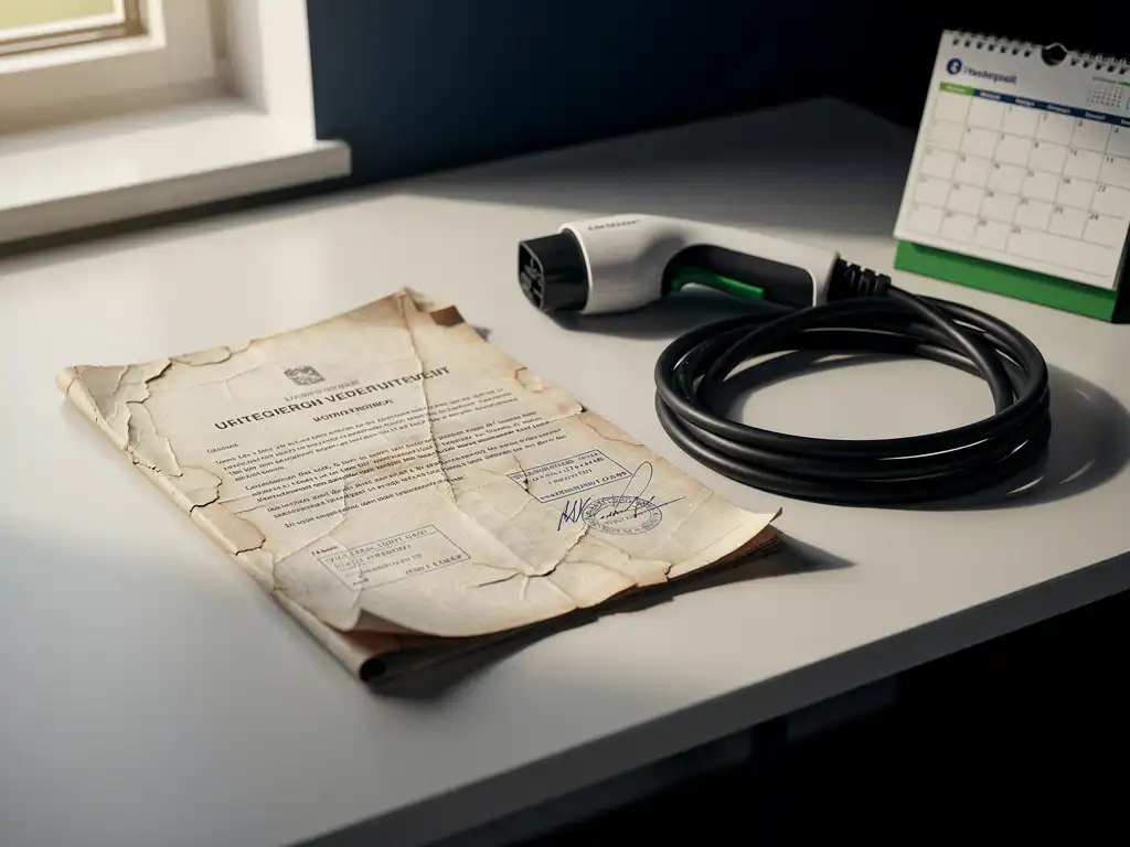 Versleten Nederlands beleidsdocument op modern bureau naast opgerolde laadkabel voor elektrisch voertuig en kalender.