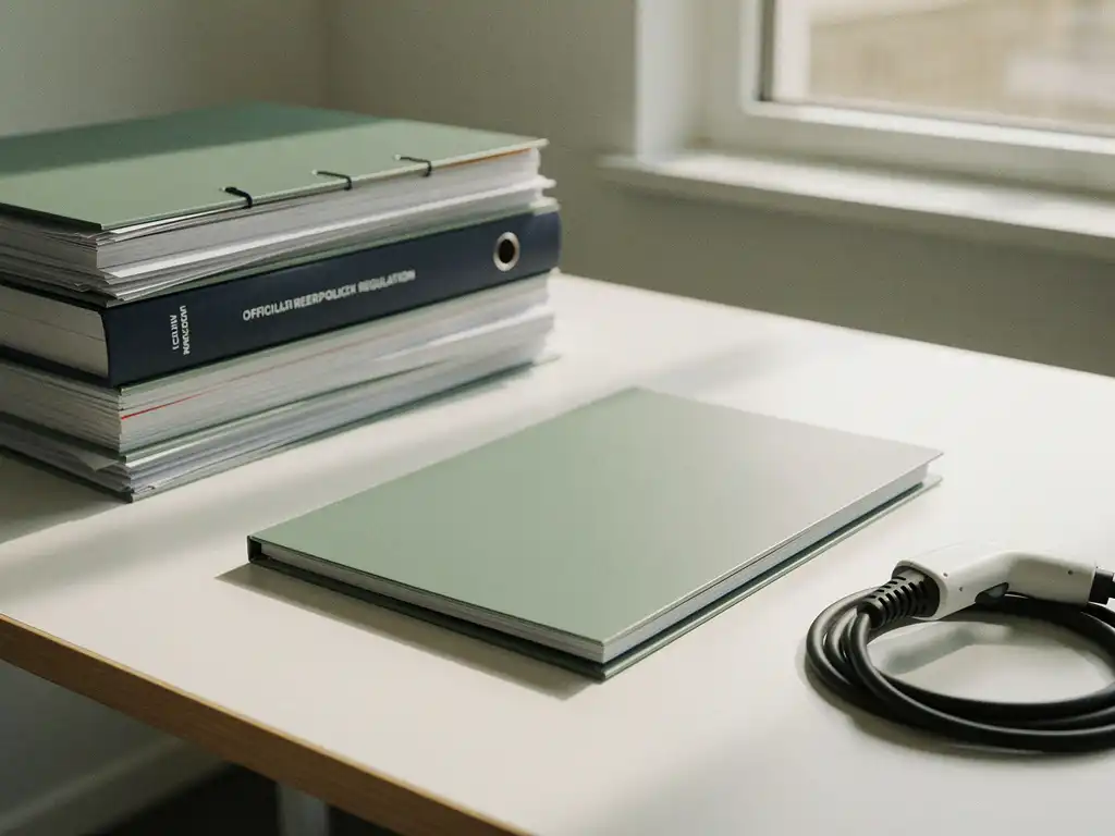 Stapel Nederlandse beleidsboeken vervangen door één moderne map op bureau, met opgerolde laadkabel voor elektrisch voertuig.