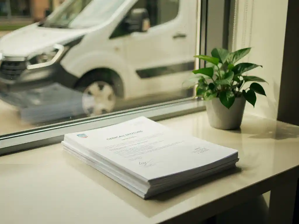 Stapel certificeringsdocumenten op modern bureau met witte elektrische bestelwagen zichtbaar door glazen raam en kleine groene plant.