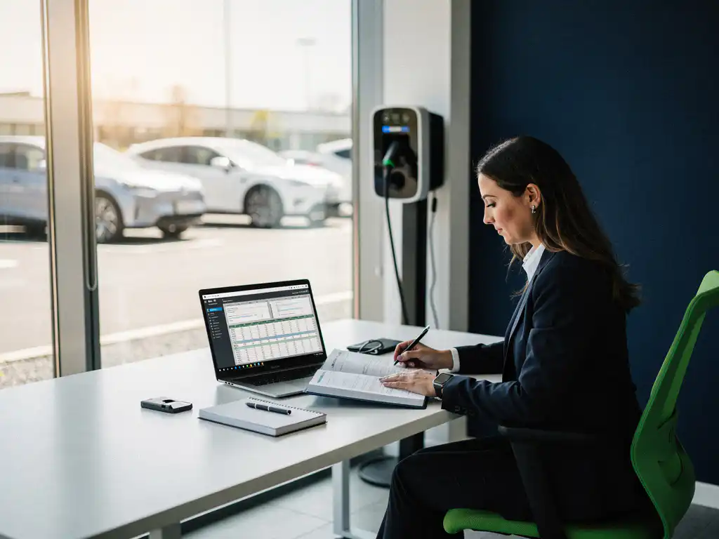 Compliance officer controleert papieren logboek naast een EV-laadstation, met spreadsheets op laptop in modern kantoor.