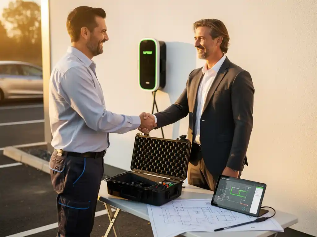Elektricien geeft hand aan zakenpartner op commerciële werkplek, met EV-laadpaal en blauwdrukken op de achtergrond.