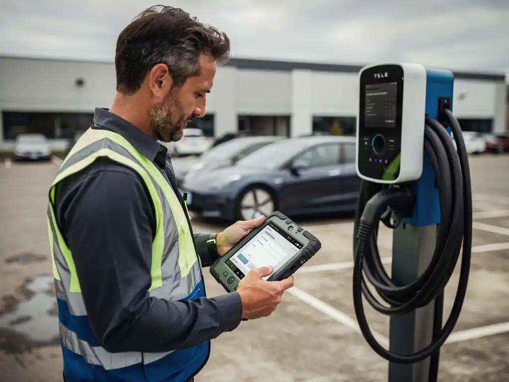 Elektricien bekijkt digitale offerte op tablet naast nieuw geïnstalleerd EV-laadstation in commerciële parkeergarage.