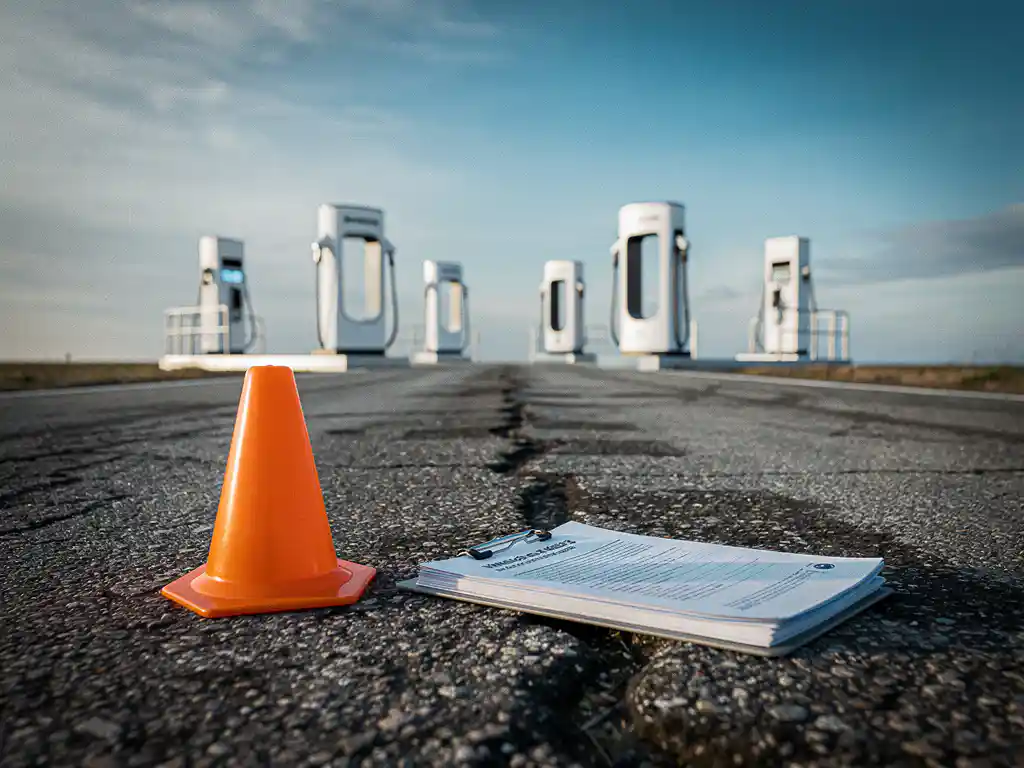 Verweerde weg met oranje verkeerskegel en documentmap leidt naar modern elektrisch laadstation onder opklarende lucht.