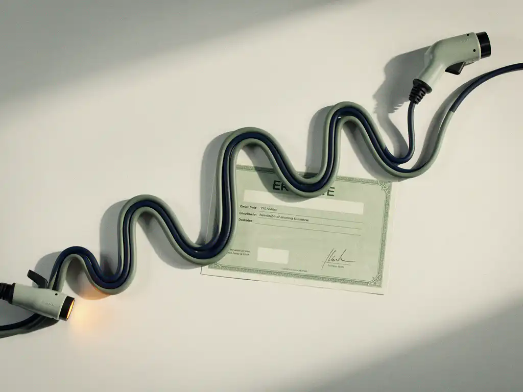 Laadkabels voor elektrische voertuigen gerangschikt als een prijsgrafiek, met een groen ERE-certificaat eronder, bovenaanzicht.
