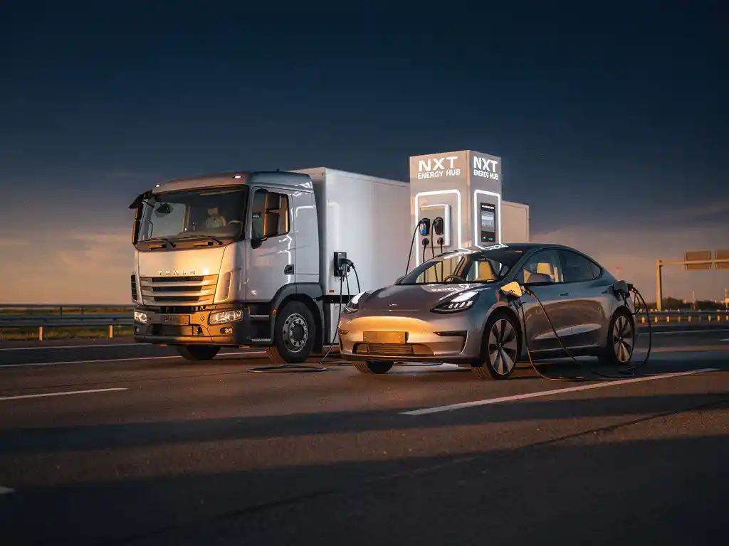 Elektrische truck en personen-EV zij aan zij opgeladen bij een laadstation langs een Nederlandse snelweg tijdens het gouden uur.