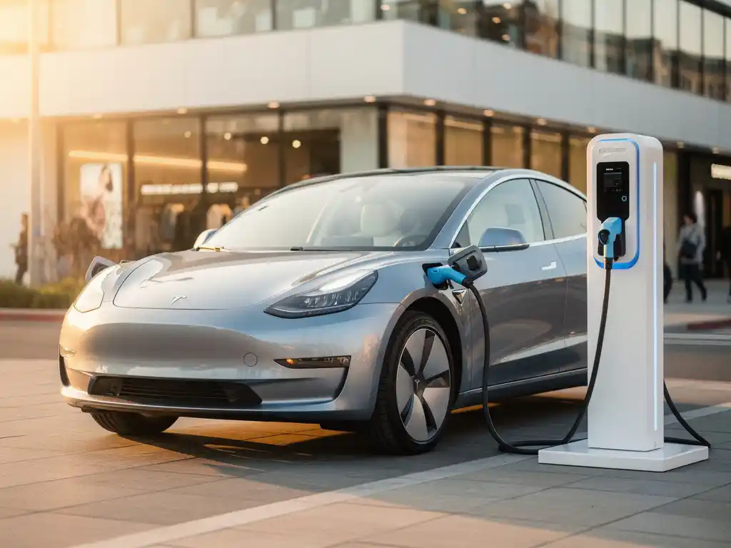 Elektrisch voertuig aangesloten op wit laadstation bij winkellocatie, gouden middagzon reflecterend op metallic carrosserie.