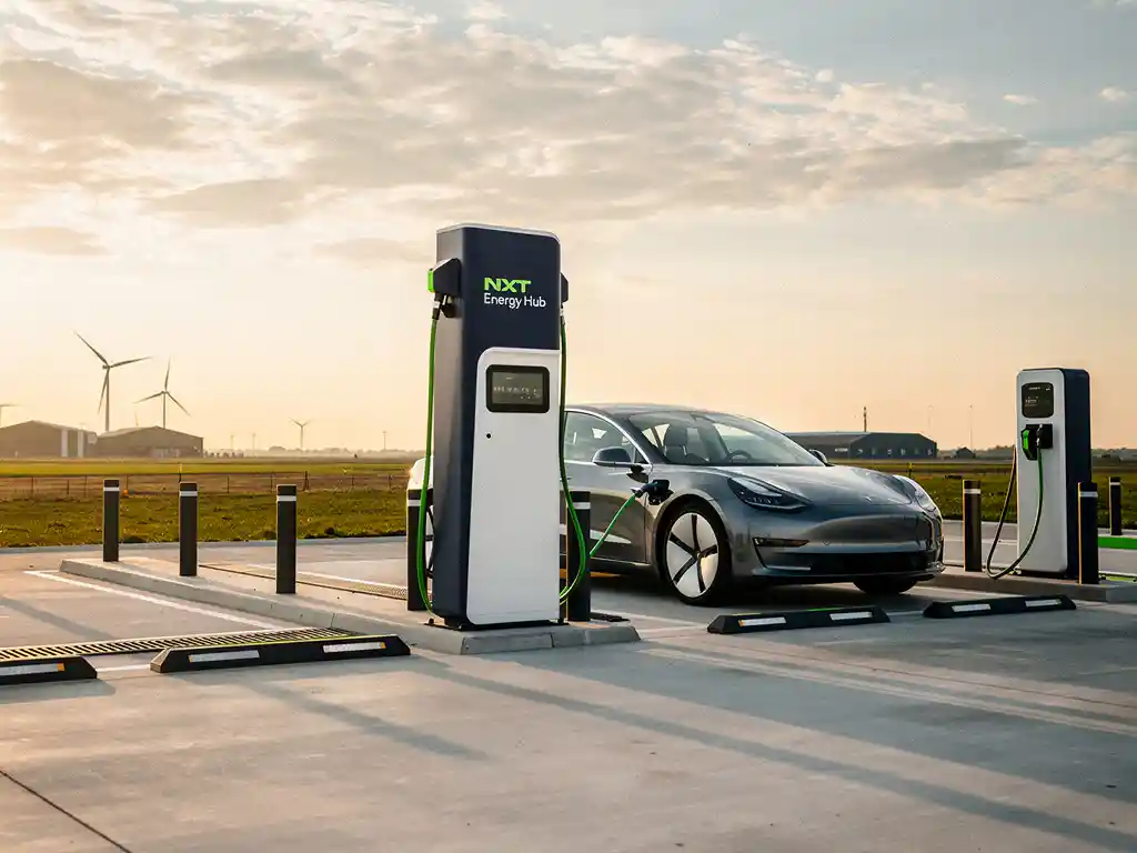 Elektrisch voertuig oplaadt bij modern energiehub-laadstation in Nederland tijdens gouden uurstemming.