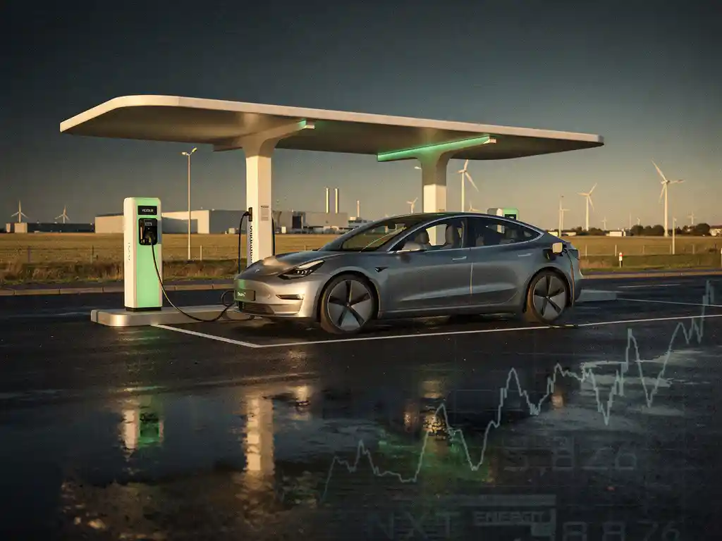 Elektrisch voertuig oplaadt bij modern energiestation, energieprijsgrafiek weerspiegeld in nat asfalt, Nederlands industrieel landschap op achtergrond.