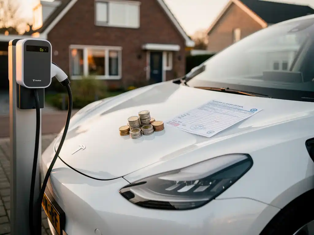 Witte elektrische auto aan laadpaal met euromuntjes en subsidiedocument op de motorkap, geparkeerd op Nederlandse oprit.