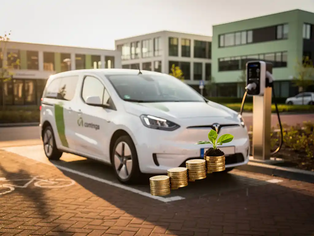 Witte elektrische bedrijfsbus bij laadpaal op Nederlands bedrijventerrein, met euromunten en groene plant op de motorkap.