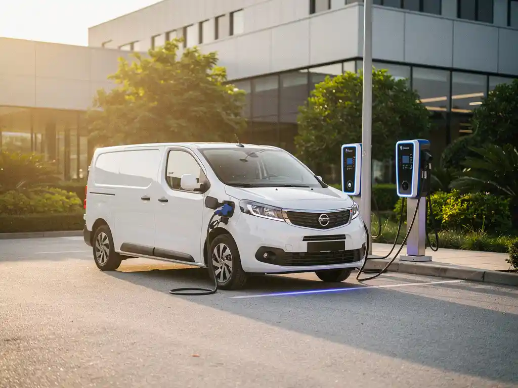 Witte elektrische bestelbus aangesloten op een commercieel laadstation met blauwe verlichting, tweede DC-lader op de achtergrond, gouden middaglicht.