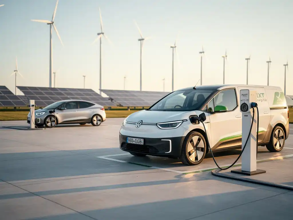 Elektrische bezorgbus oplaadt bij modern energiestation met zonnepanelen en windturbines op de achtergrond, tweede EV aangesloten nabij.
