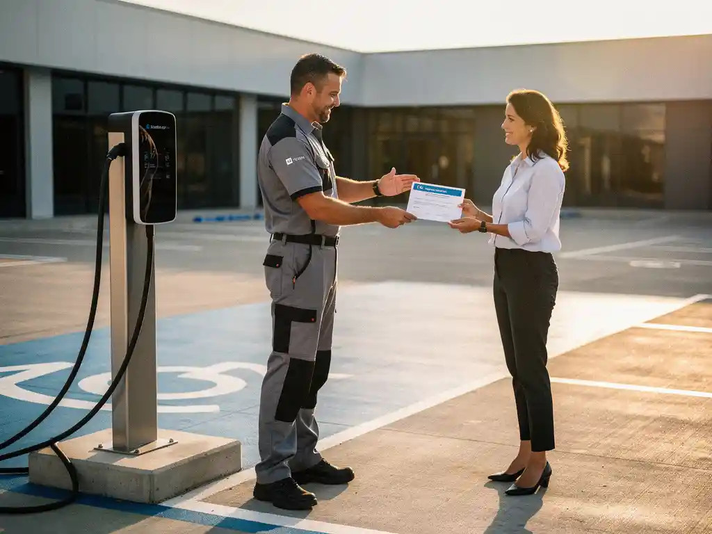 Elektricien overhandigt certificeringsdocument aan bedrijfseigenaar naast nieuw geïnstalleerd EV-laadstation op bedrijfsterrein.