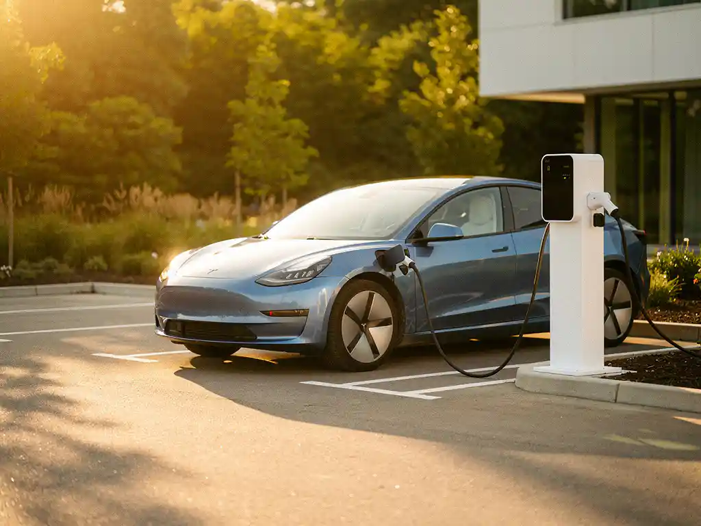 Elektrische leaseauto aangesloten op wit laadstation op zakelijk parkeerterrein, met gouden middaglicht en groene achtergrond.