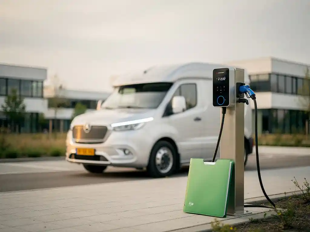 Elektrische truck aangesloten op snellader bij Nederlands bedrijventerrein, met groen subsidiedossier tegen de laadpaal.