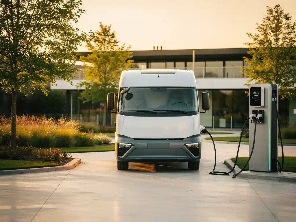 Elektrische truck aangesloten op snellader bij modern Nederlands energiehub, omgeven door groen in warm middaglicht.