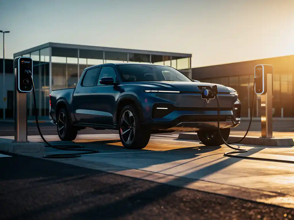 Elektrische truck aangesloten op snellader bij modern energiehub, gouden-uurlicht met lange schaduwen op betonnen voorplein.