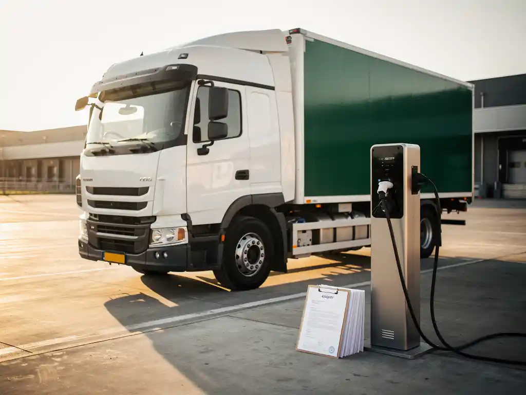 Elektrische vrachtwagen aangesloten op laadstation bij Nederlands logistiek hub, met certificeringsdocumenten op klembord in warm middaglicht.
