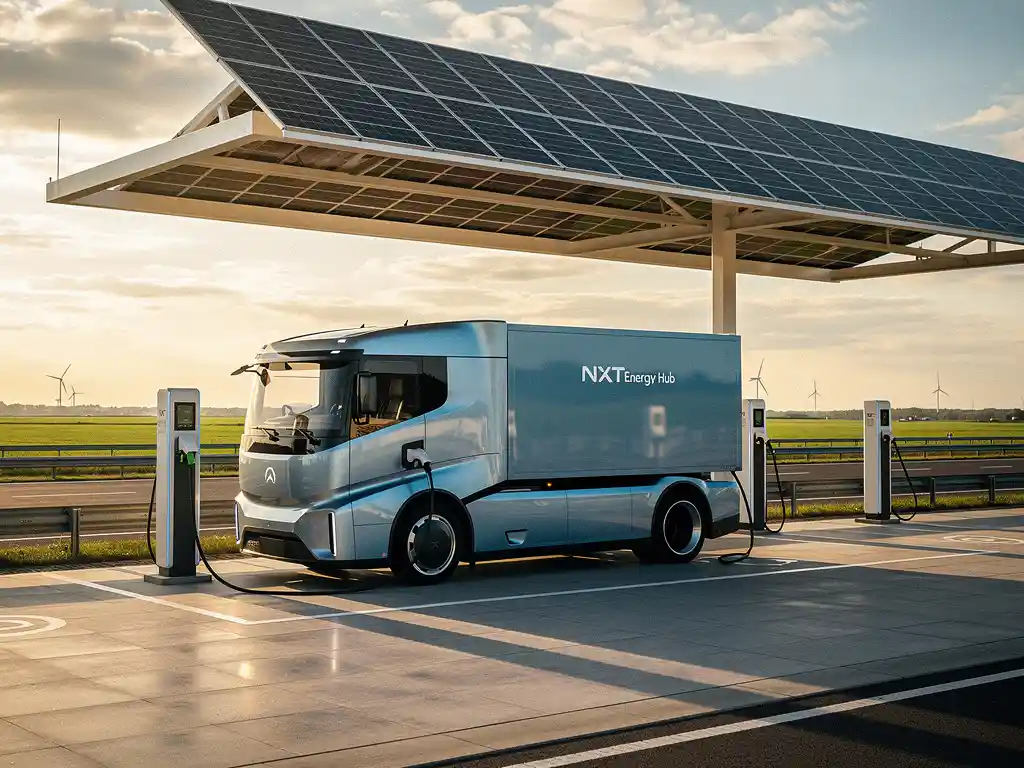 Elektrische truck laadt op bij moderne snellaadstation met zonnepanelen op luifel, Nederlandse snelweg op achtergrond in middagzon.