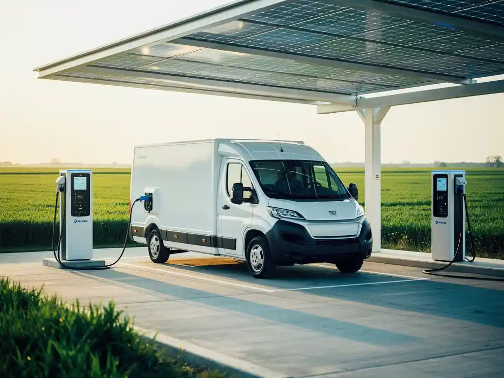 Witte elektrische truck opgeladen bij moderne snellaadstation met zonnepanelen op overkapping, groene velden op achtergrond in gouden avondlicht.