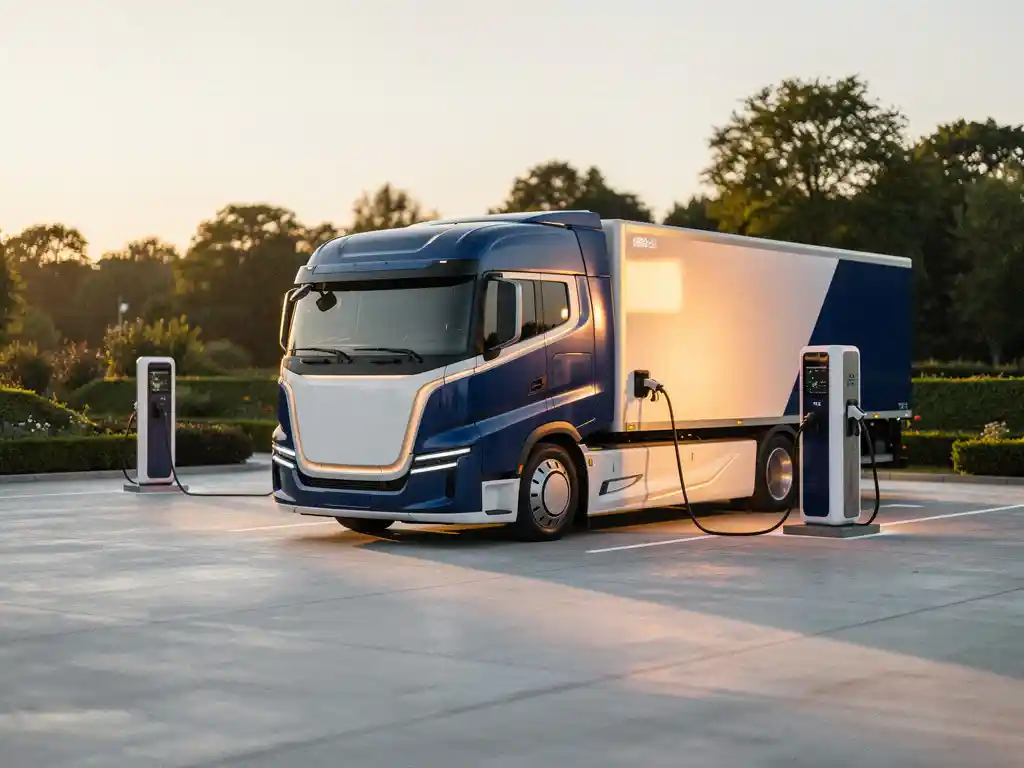 Elektrische truck aangesloten op snellader bij Nederlands snelwegknooppunt in warm middaglicht met groene achtergrond.