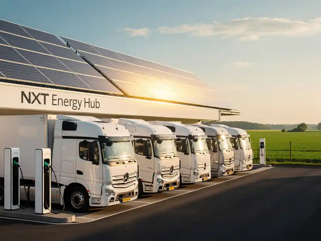 Witte elektrische vrachtwagens opladen bij een moderne NXT Energy Hub met zonnepanelen, groene weilanden en blauwe lucht op de achtergrond.