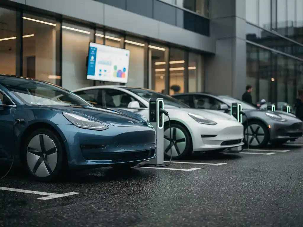 Elektrische voertuigen aangesloten op slimme laadpalen op een modern bedrijfsparkeerterrein, met een energiebeheerdashboard zichtbaar in een raam.