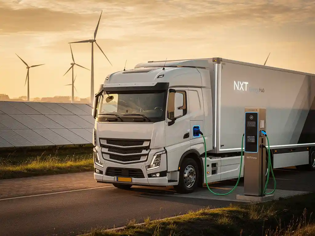 Witte elektrische vrachtwagen laadt op bij modern energiehub in Nederlands polderland, zonnepanelen en windturbines op achtergrond bij gouden uur.
