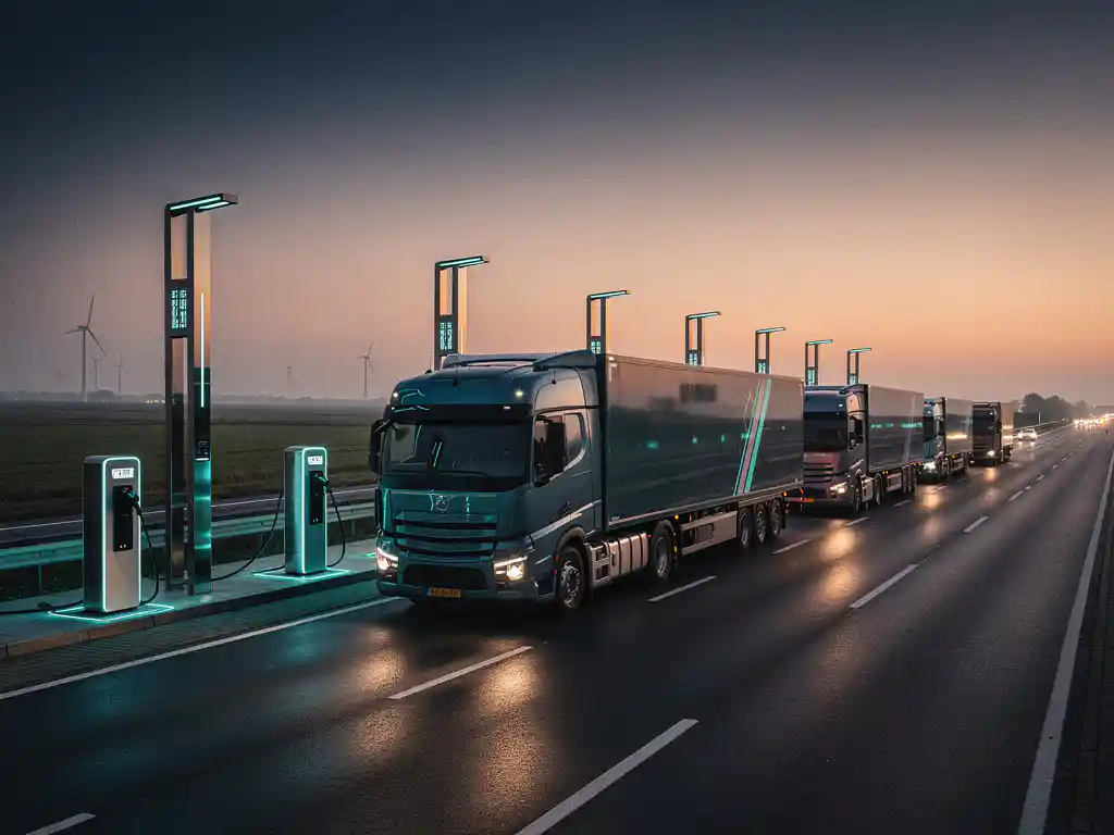 Elektrische vrachtwagens aangesloten op laadstations langs Nederlandse snelweg bij schemering, cinematografisch sfeervol licht.