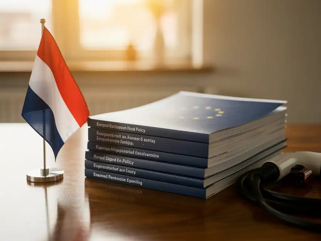 Stapel EU-beleidsdocumenten op gepolijst bureau naast Nederlandse vlag en opgerold laadkabel voor elektrisch voertuig.