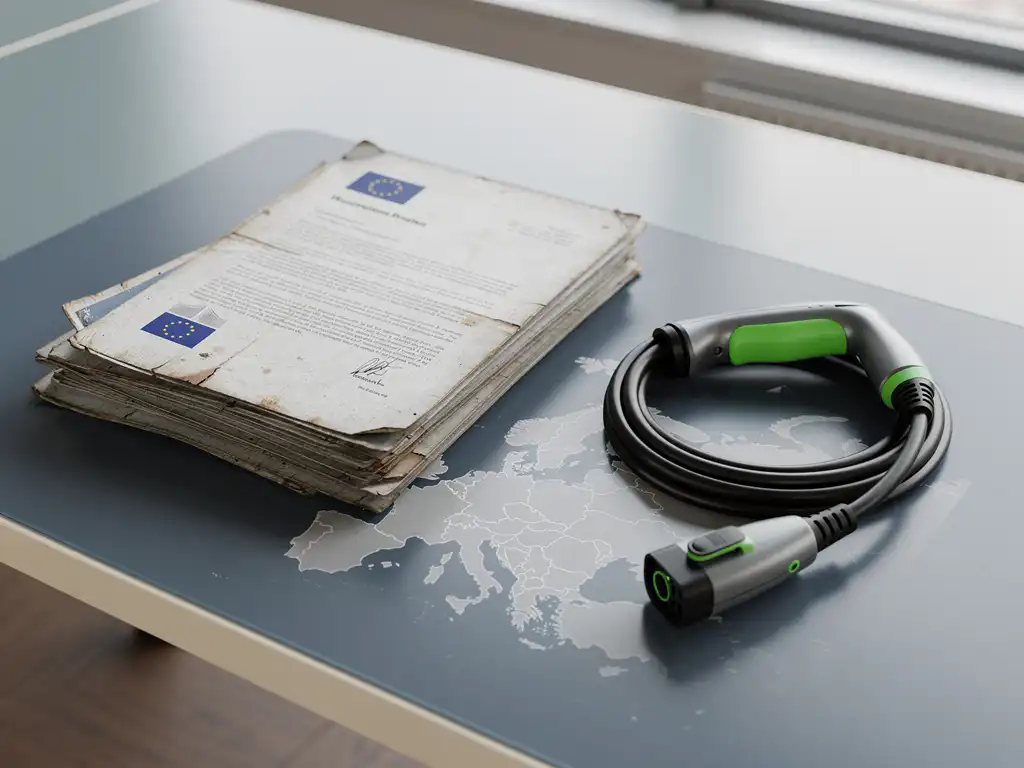 Verouderde EU-regelgevingsdocumenten op modern bureau naast opgerolde elektrische laadkabel, met vage Europakaart eronder.