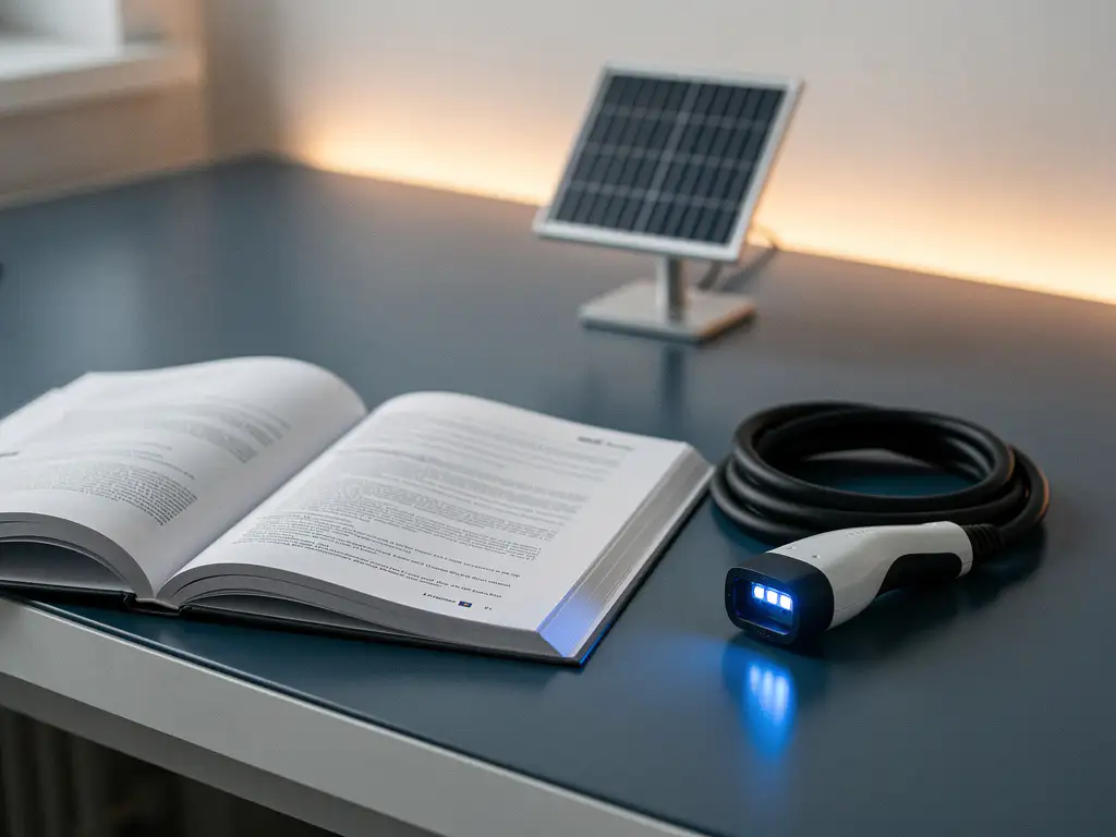 Dik Europees regelgevingsdocument op modern bureau naast opgerold EV-laadkabel en klein zonnepaneelmodel, kantoorverlichting.