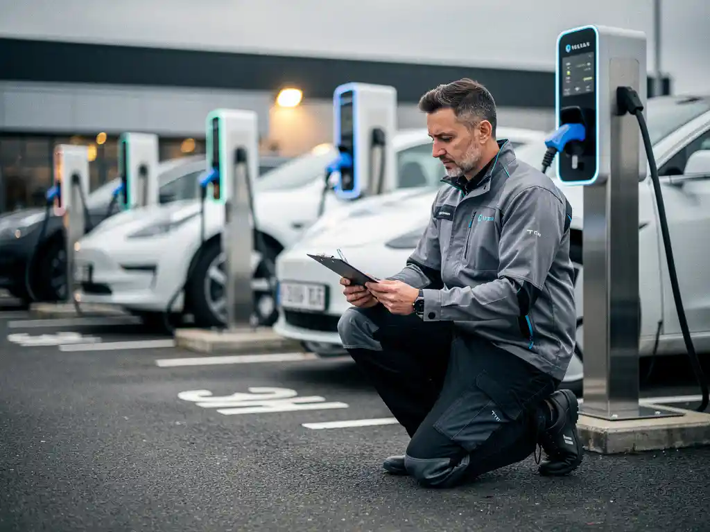 EV-installateur in werkkleding knielt bij wit laadstation en bekijkt technische documentatie op klembord in commerciële parkeerplaats.