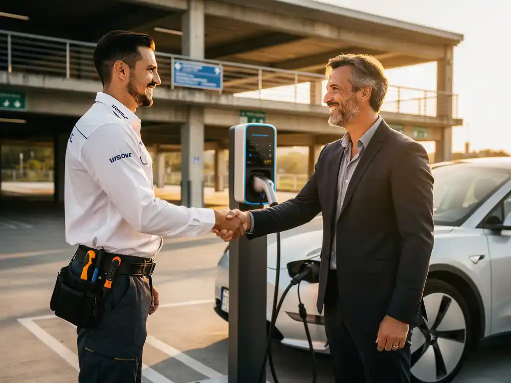 EV-installateur schudt hand met zakenpartner bij commercieel laadstation in moderne parkeergarage, gouden middaglicht.