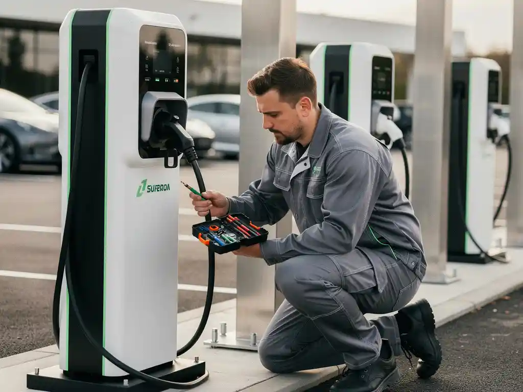 Technicus in werkkleding inspecteert een moderne EV-laadpaal met professioneel gereedschap, commercieel laadplein op de achtergrond.