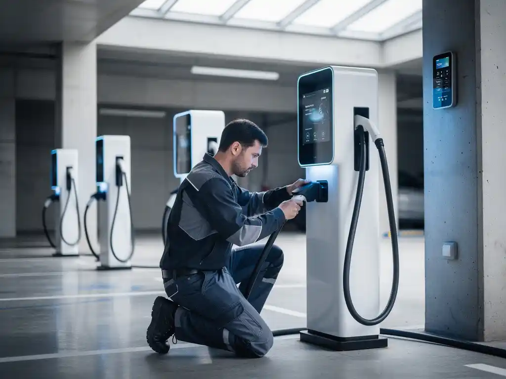 Elektricien installeert kabels bij een wit EV-laadstation in moderne parkeergarage met meerdere laadpunten op de achtergrond.