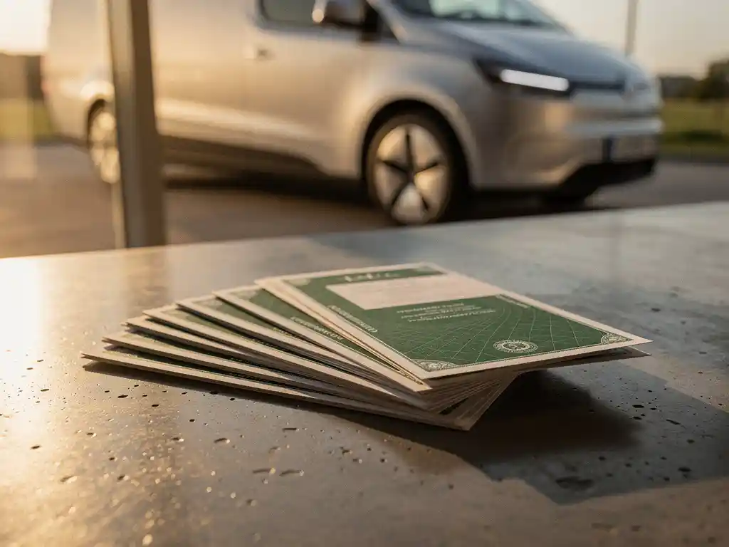 Groene energiecertificaten uitgewaaierd op betonnen bureau, met een elektrische vrachtwagen zichtbaar door een raamwand op de achtergrond.