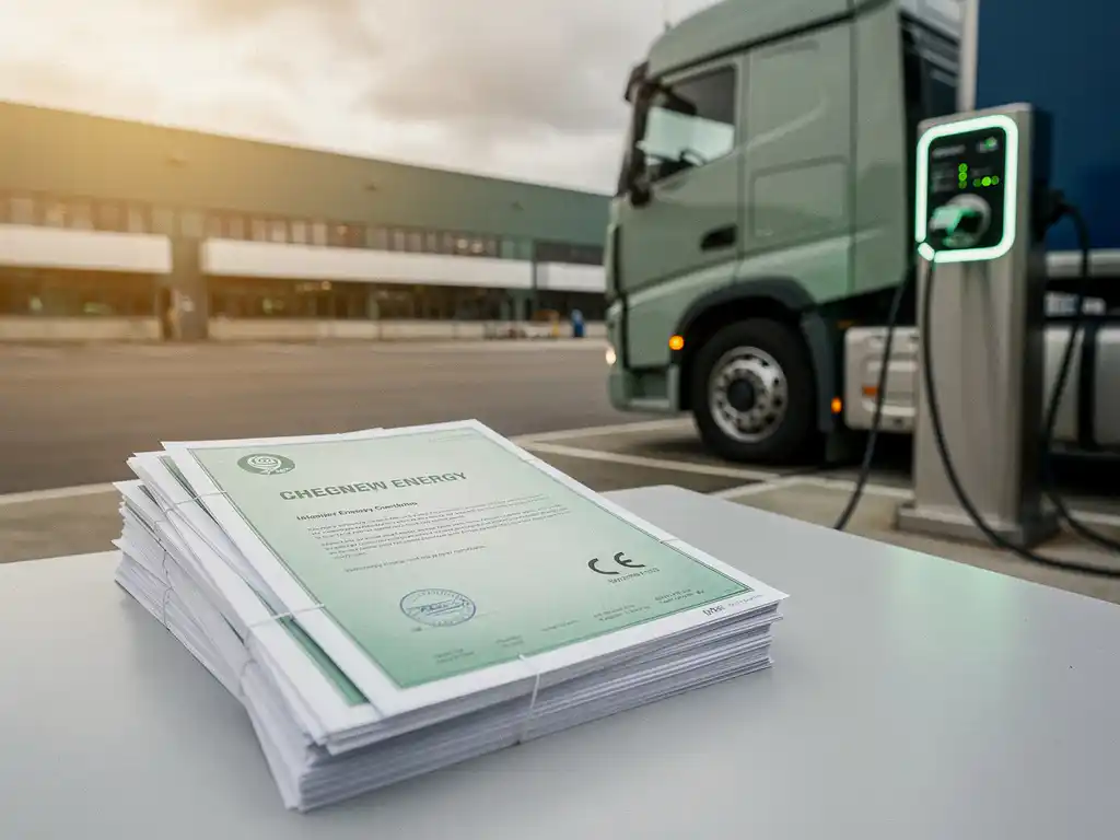 Stapel groene energiecertificaten naast een elektrische truck die oplaadt bij een modern depot, met gloeiende laadpoort.