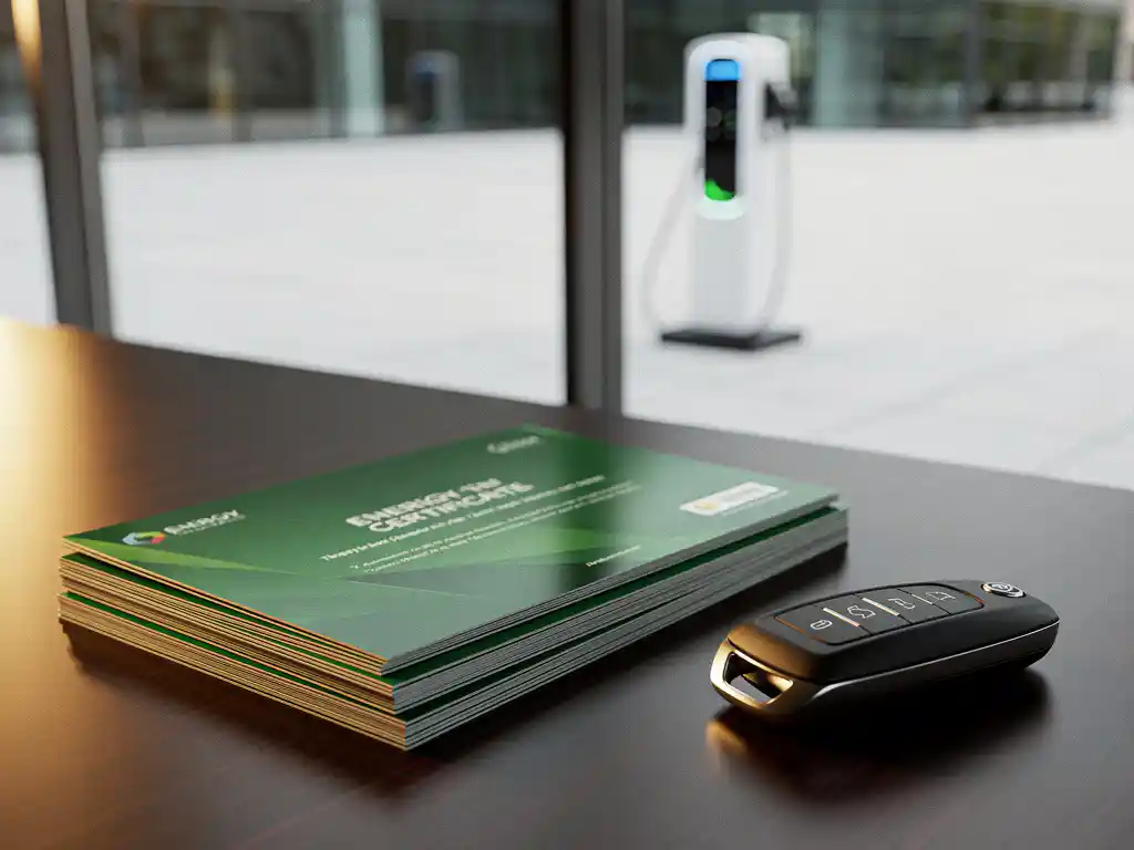 Stapel groene energiecertificaten op een bureau naast een elektrische autosleutel, met een laadpaal op de achtergrond.