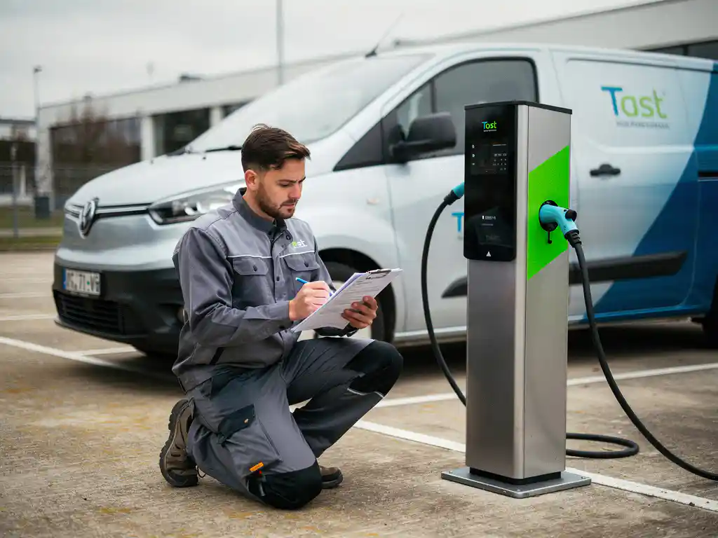 Elektricien knielt bij een EV-laadpaal in commerciële parkeergarage, bekijkt technische documentatie, elektrische bestelwagen op achtergrond.